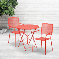 Flash Furniture CO-30RDF-02CHR2-RED-GG 30" Round Steel Folding Patio Table Set with 2 Square Back Chairs in Coral